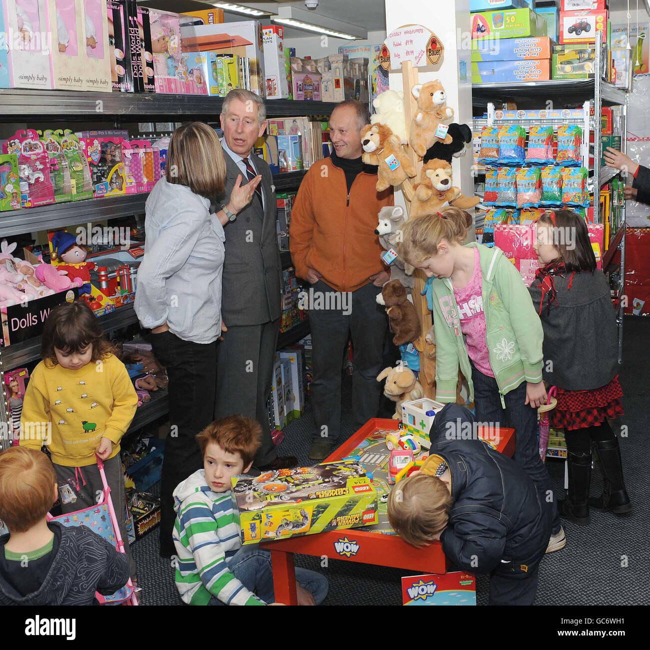 The Prince of Wales in the temporary home of the toy shop in