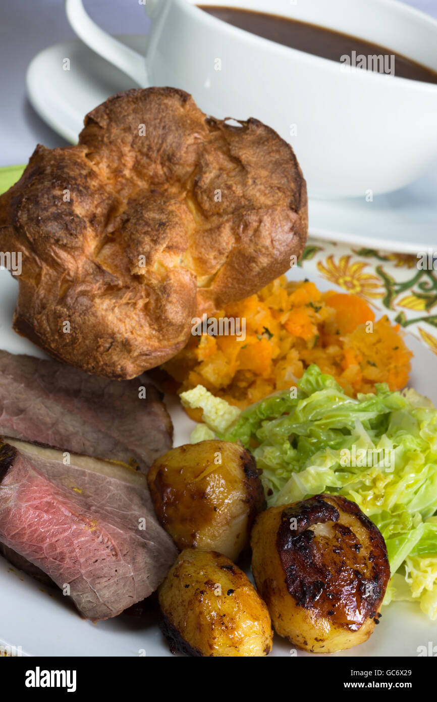 A traditional pub/restaurant Sunday lunch of English Roast Beef and Yorkshire Pudding, Roast