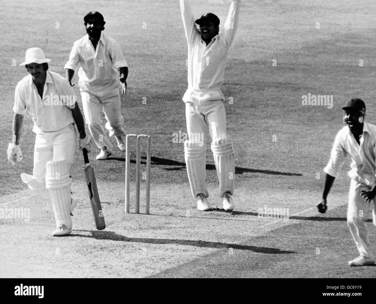 Indian jubilation as England's Peter Willey 'walks' after being caught by Yajurvindra Singh off the bowling of Bishen Bodi for 52 runs on the opening day of the fourth and final Cornhill test at the Oval Stock Photo