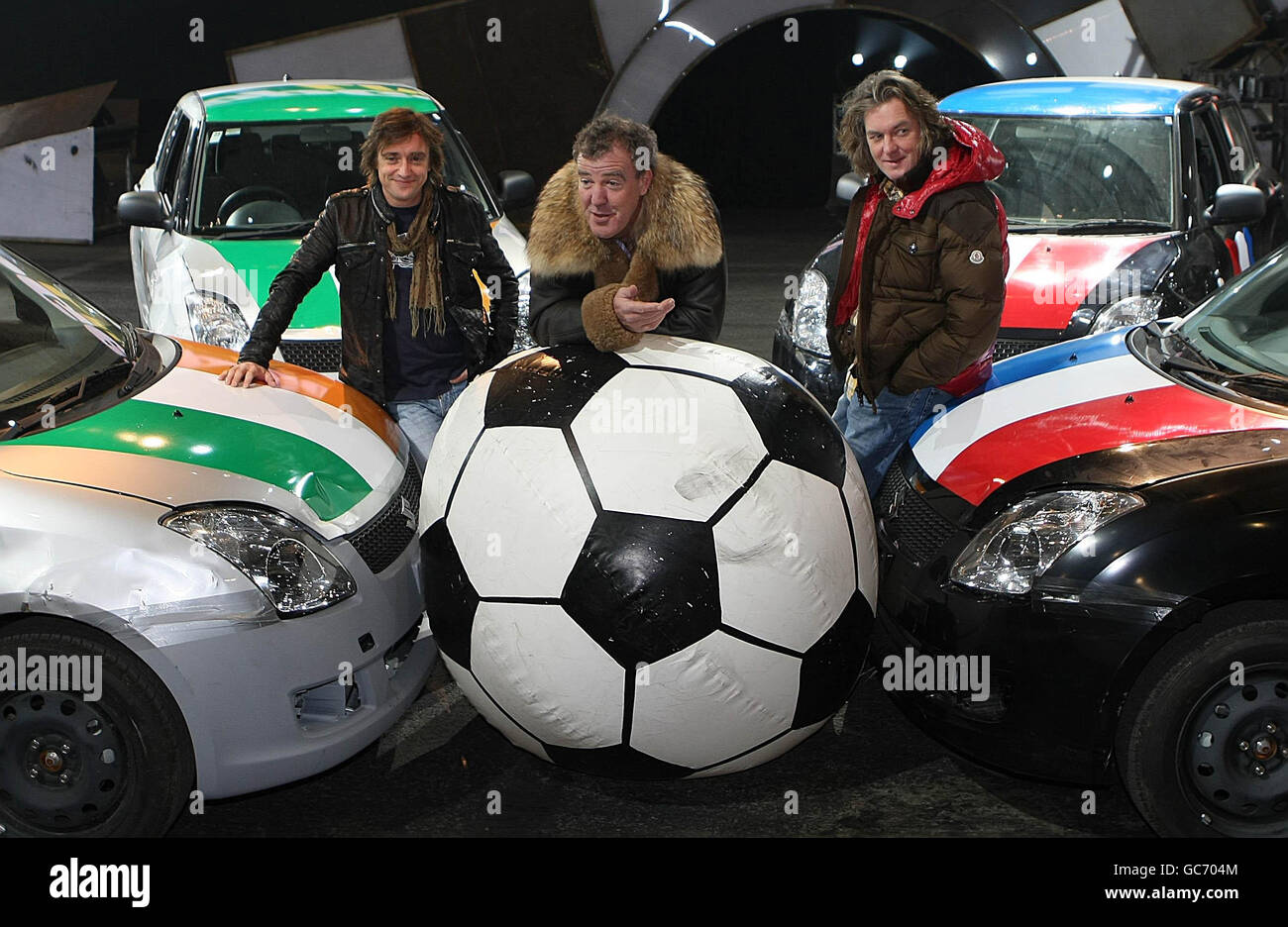 Jeremey Clarkson (centre), James May (right) and Richard Hammond (left) from BBC television programme Top Gear at the Top Gear Live show at the RDS Showgrounds, Dublin. Stock Photo