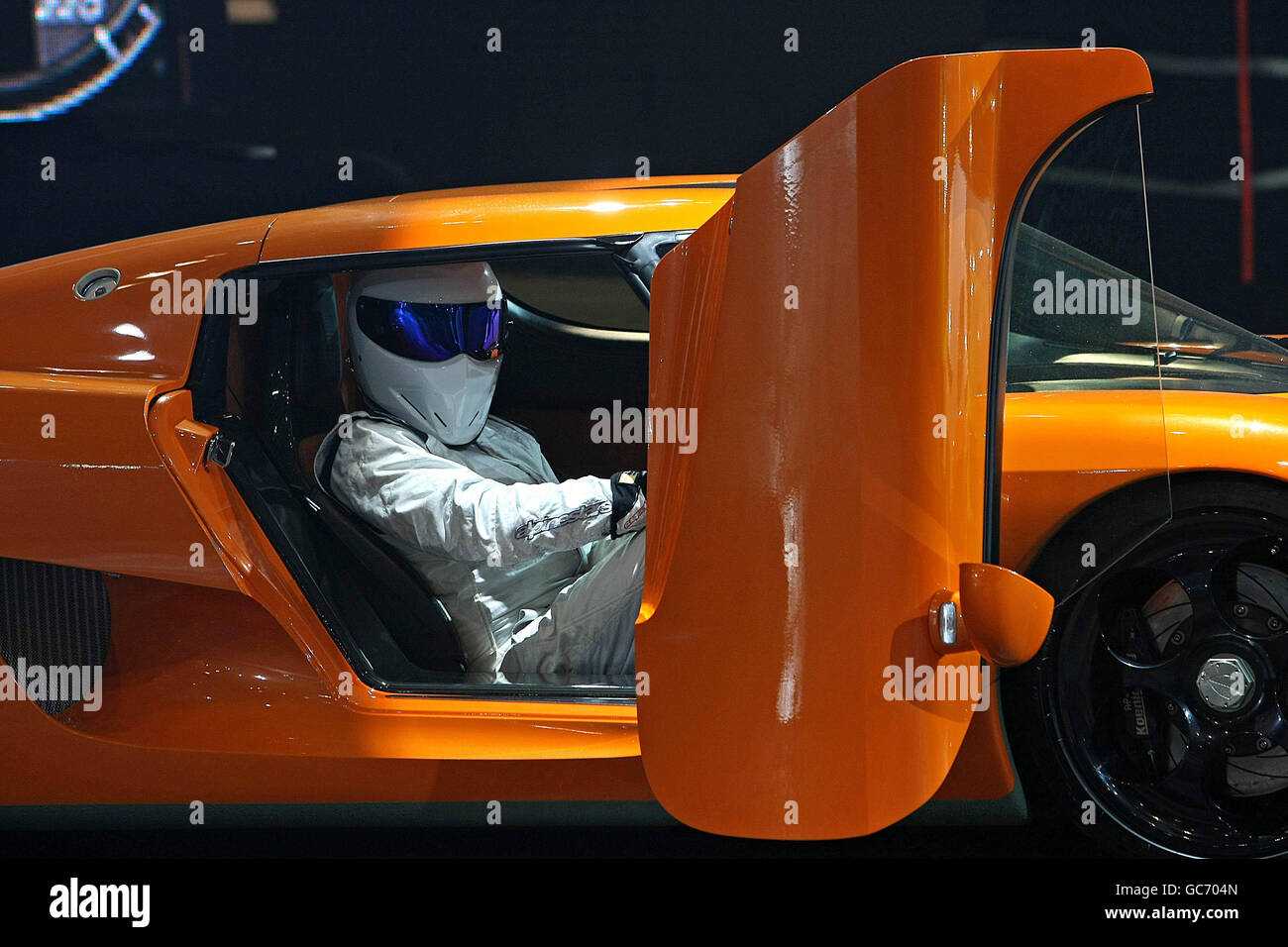 Racing driver 'The Stig' from BBC television programme Top Gear at the Top Gear Live show at the RDS Showgrounds, Dublin. Stock Photo