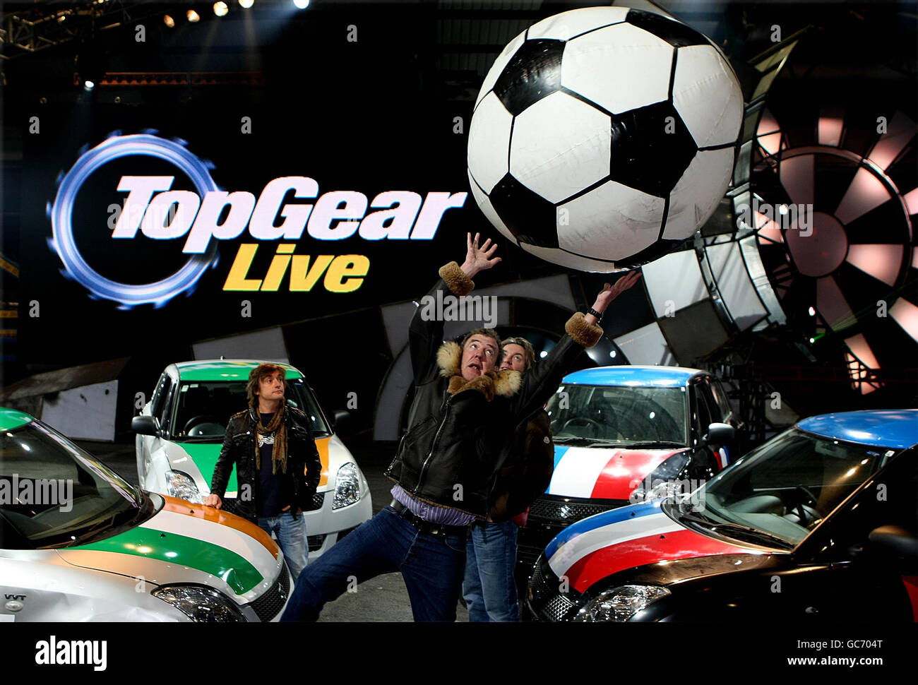 Jeremey Clarkson, James May (right) and Richard Hammond (left) from BBC television programme Top Gear at the Top Gear Live show at the RDS Showgrounds, Dublin. Stock Photo