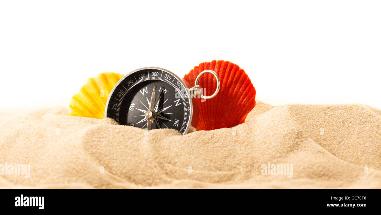 Sea shells and compass in sand on white background Stock Photo - Alamy