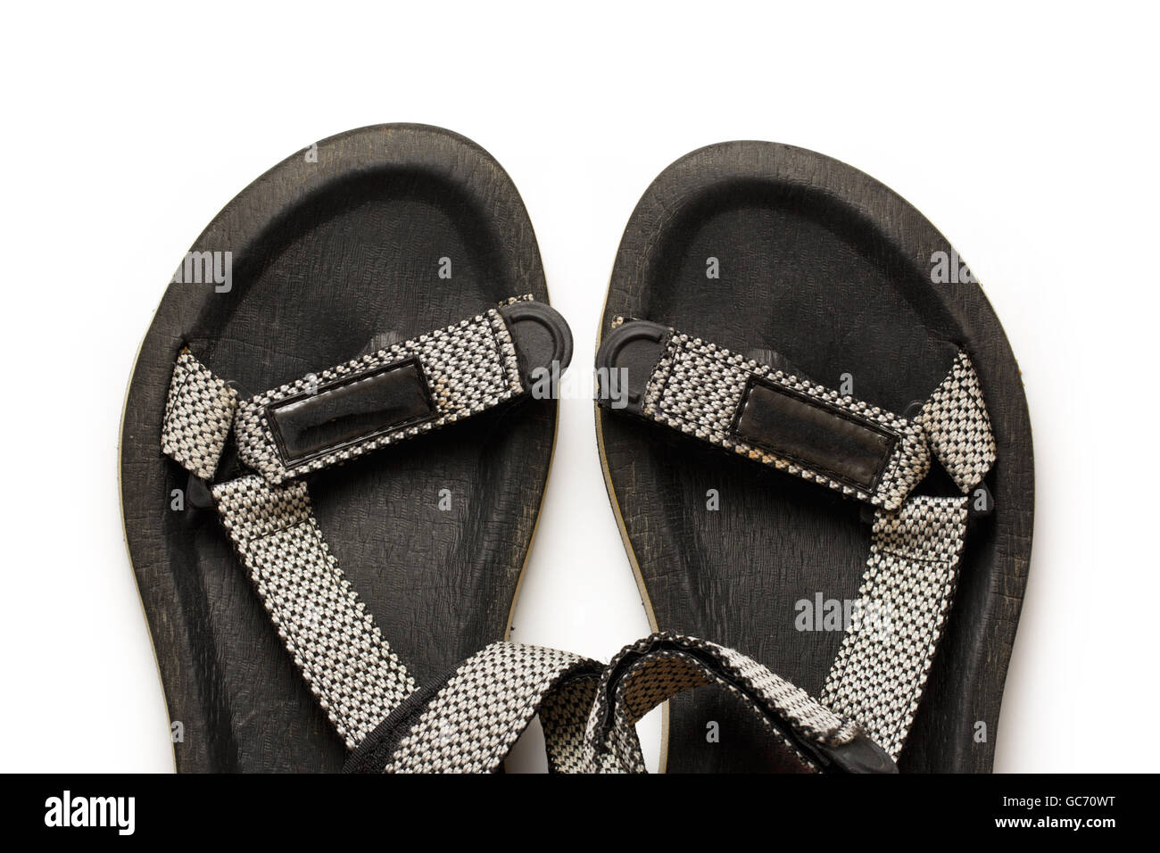 Male beach sandals on white background closeup Stock Photo - Alamy
