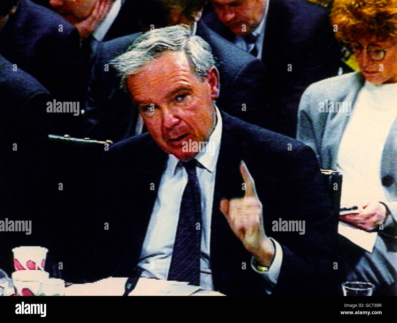 BRITISH RAIL CHAIRMAN SIR BOB REID APPEARING BEFORE THE TRANSPORT SELECT COMMITTEE ON THE FUTURE OF THE RAILWAYS, AT THE HOUSE OF COMMONS. Stock Photo