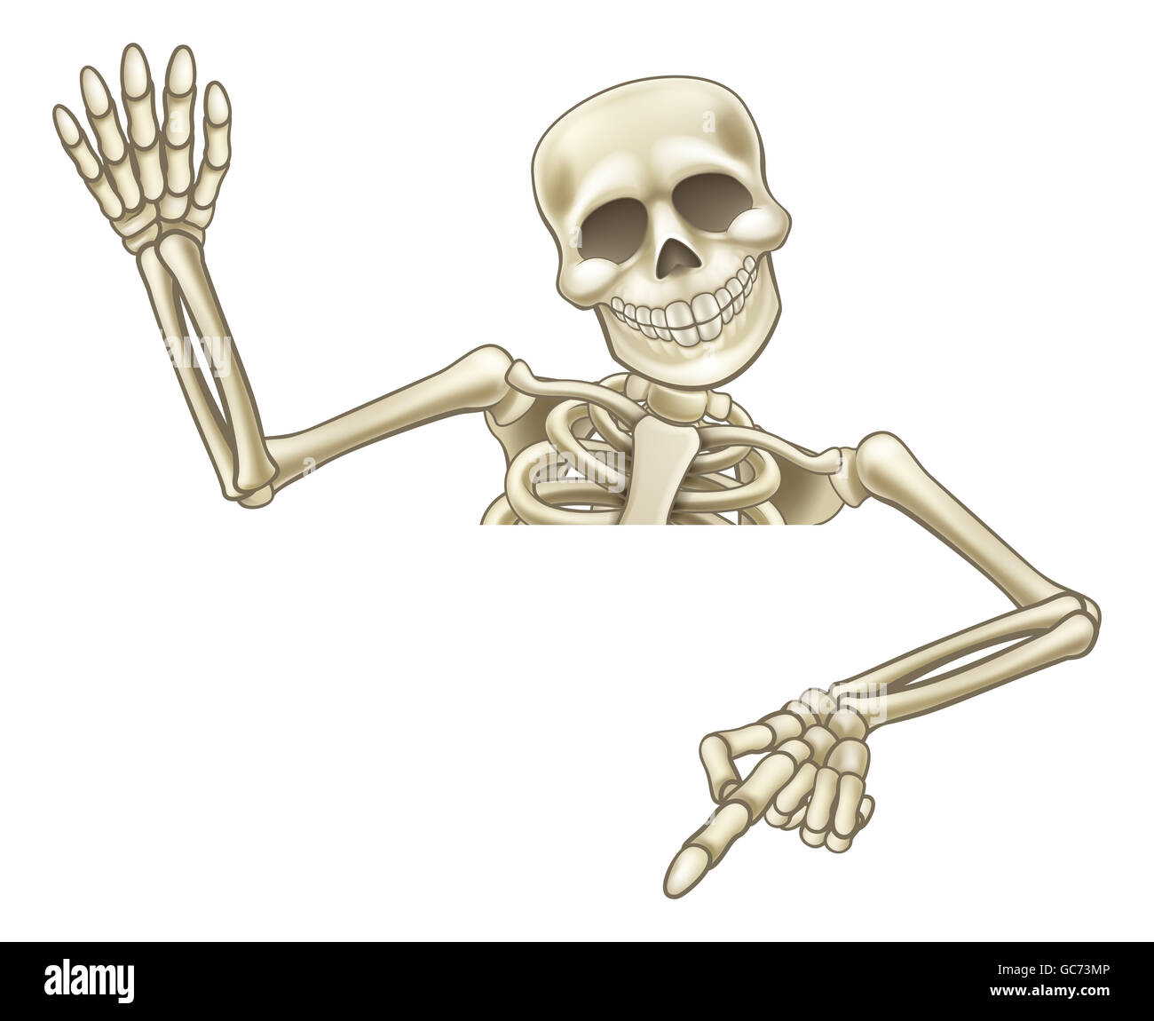 A skeleton cartoon character peeping over a sign waving and pointing down at it Stock Photo - Alamy A skeleton cartoon character peeping over a sign waving and pointing down at it Stock Photo - Alamy
