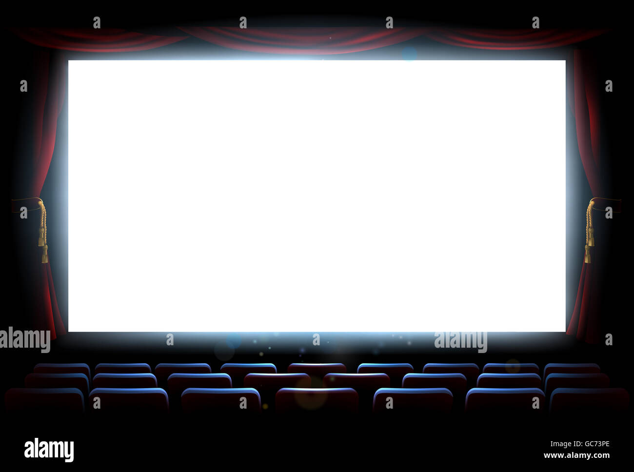 An illustration of the interior of a cinema movie theatre with copyspace on the  screen with red curtains Stock Photo