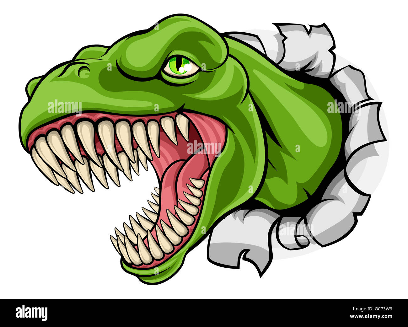 A cartoon T Rex tyrannosaurus dinosaur ripping through the background Stock Photo
