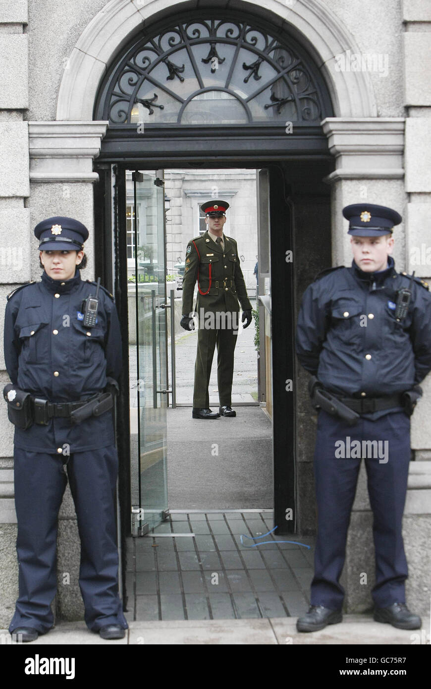 Military police officers are drafted in to carry out security duties at Leinster House in Dublin today as 250,000 public service workers hold a one-day nationwide strike. Stock Photo