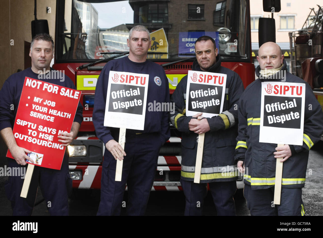 Members of Dublin's fire and rescue service picket Pierce Street fire station, as 250,000 public service workers hold a one-day nationwide strike. Stock Photo