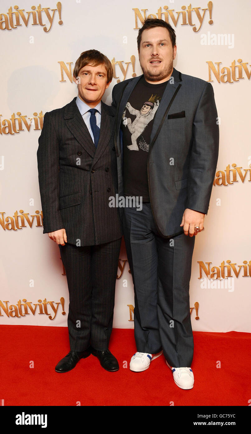 Martin Freeman (left) and Marc Wootton arrive at the premiere of new film Nativity, at the Barbican Centre in London. Stock Photo