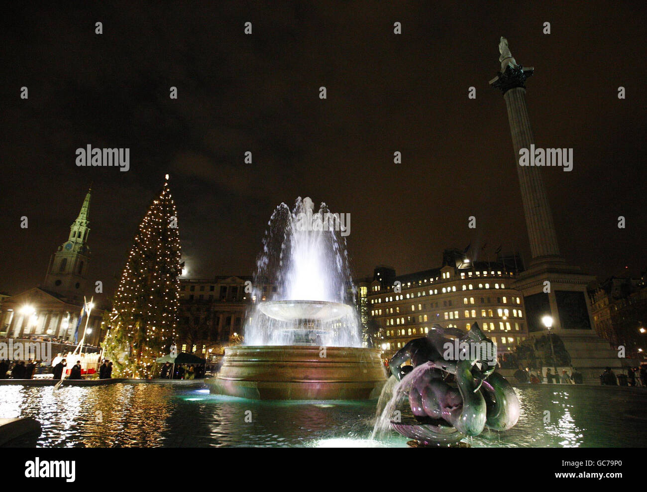 A Christmas Tree, donated by the people of Norway, has its lights