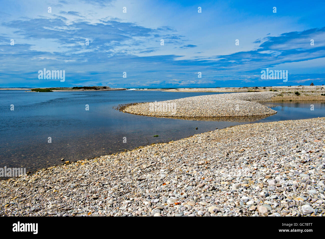 Inshore banks of shingle at the mouth of the River Spey, Spey Bay, Scotland, Great Britain Stock Photo