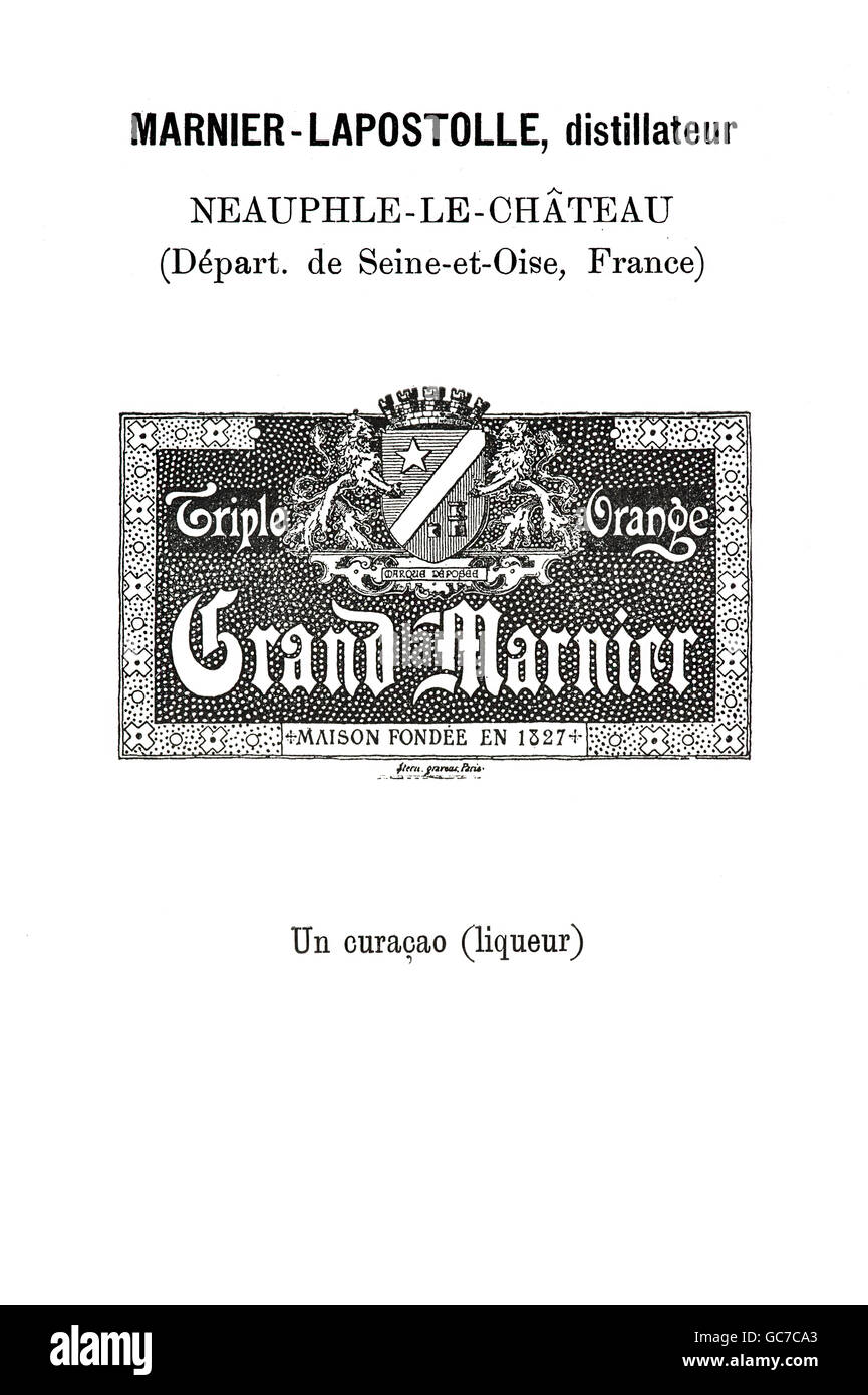 Historical trademark sign of the liqueur trademark „Grand Marnier Triple Orange“ of the distillery Marnier-Lapostolle,1894,Neauphle-le-Château, France Stock Photo