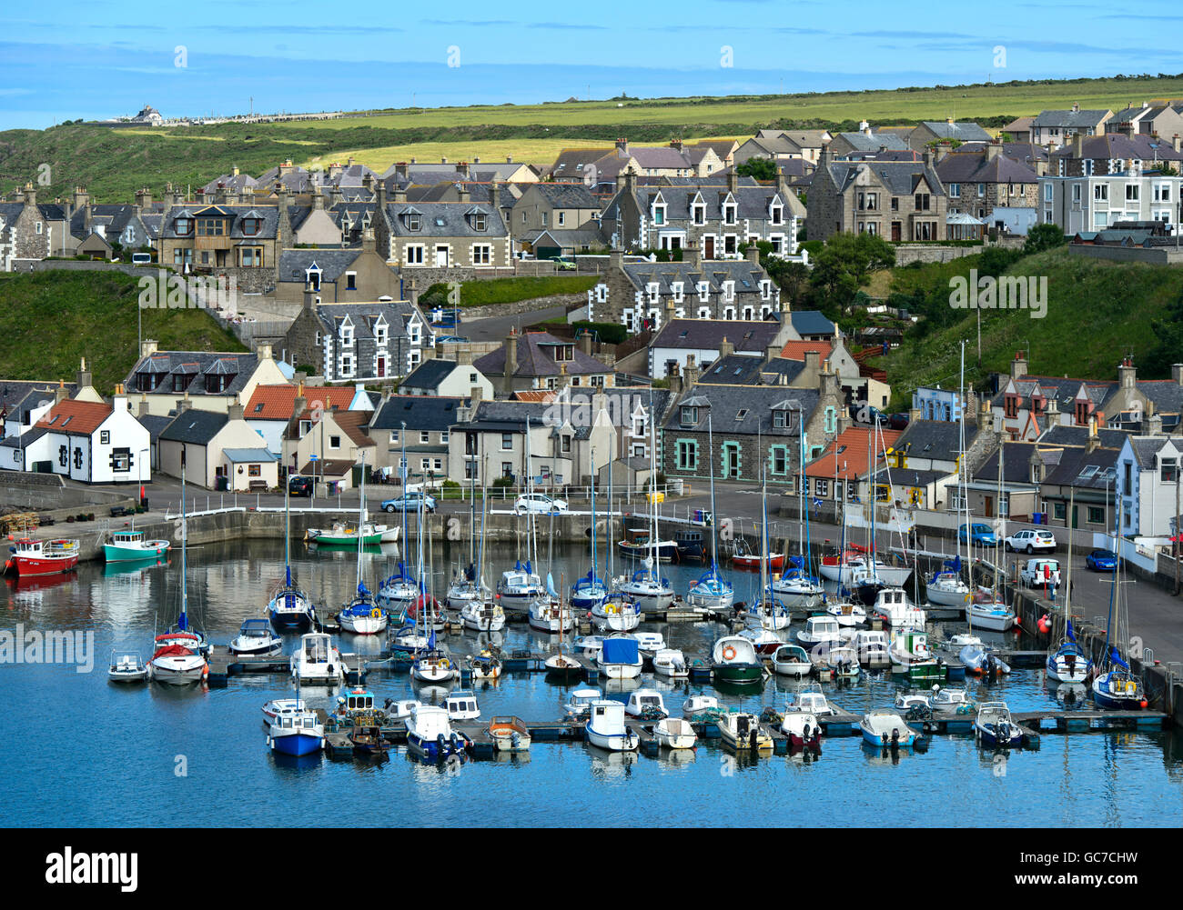 Findochty Harbour with town behind at the Moray Firth, Scotland, Great Britain Stock Photo