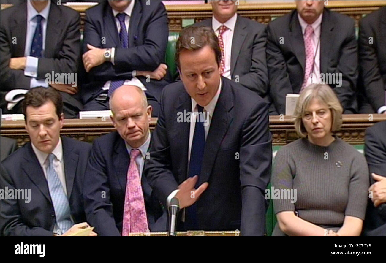 Conservative leader David Cameron speaks during Prime Minister's Questions in the House of Commons, London. Stock Photo