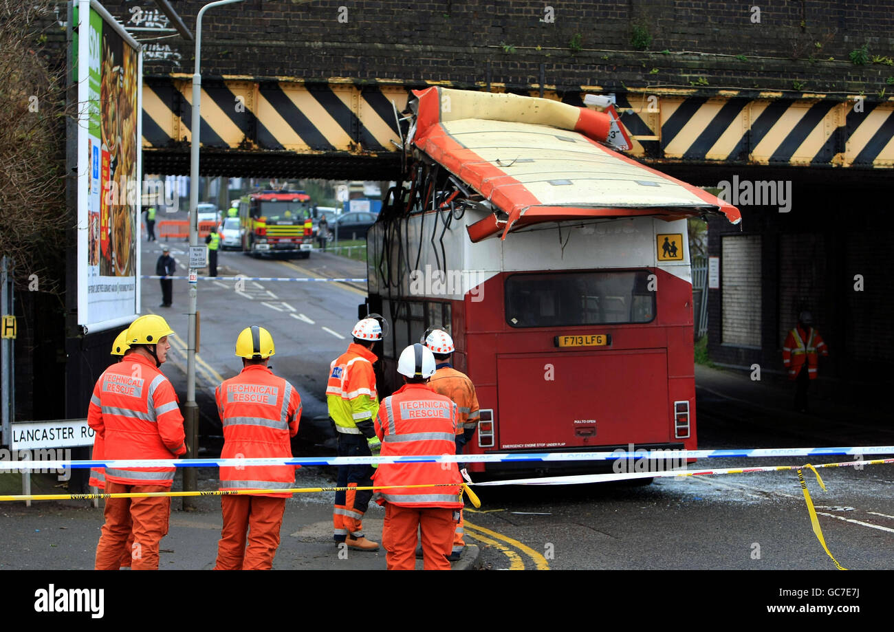 A double-decker bus full of school children had its roof ripped off when it collided with a bridge. The bus crashed into the railway bridge in Lancaster Road, Leicester, at about 10.30am. Stock Photo