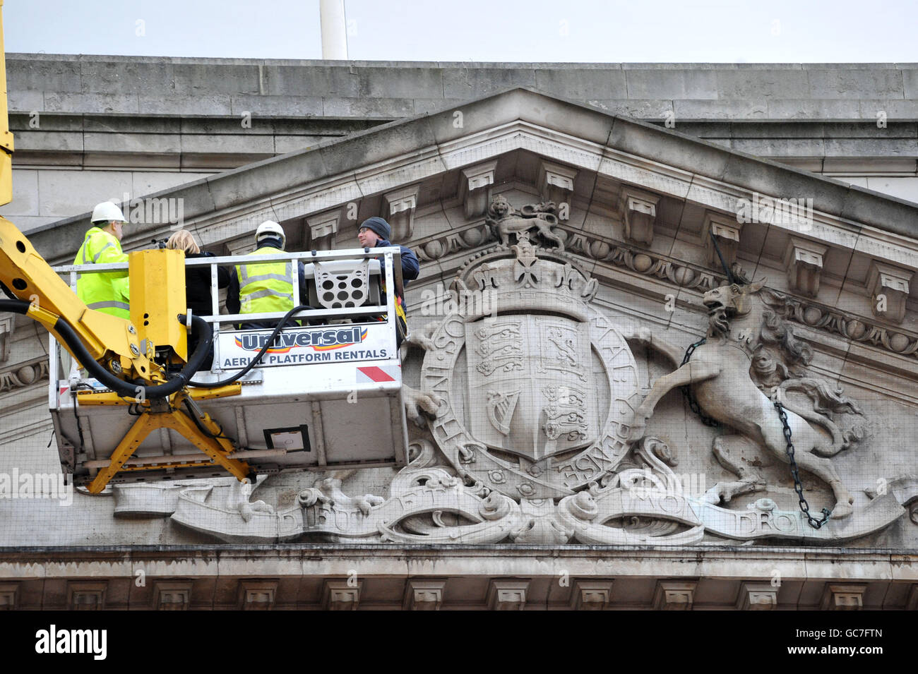 Buckingham Palace maintenance. Staff at Buckingham Palace use a mobile crane to carry out