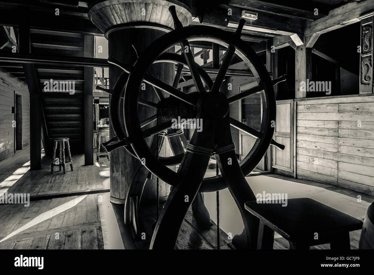 Interior Of Old Pirate Ship Black And White Image Stock