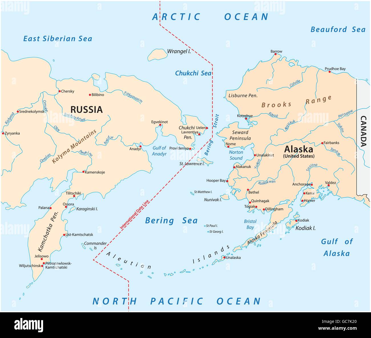 vector map of the Bering Strait between Russia and Alaska Stock Vector