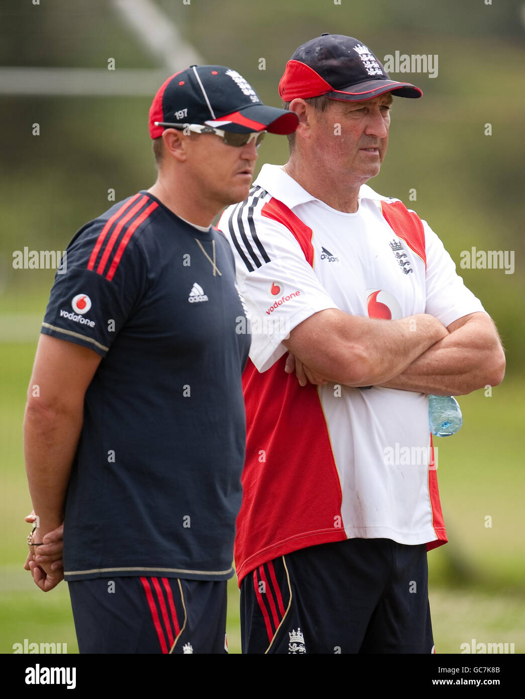England coach Andy Flower with batting coach Graham Gooch (right