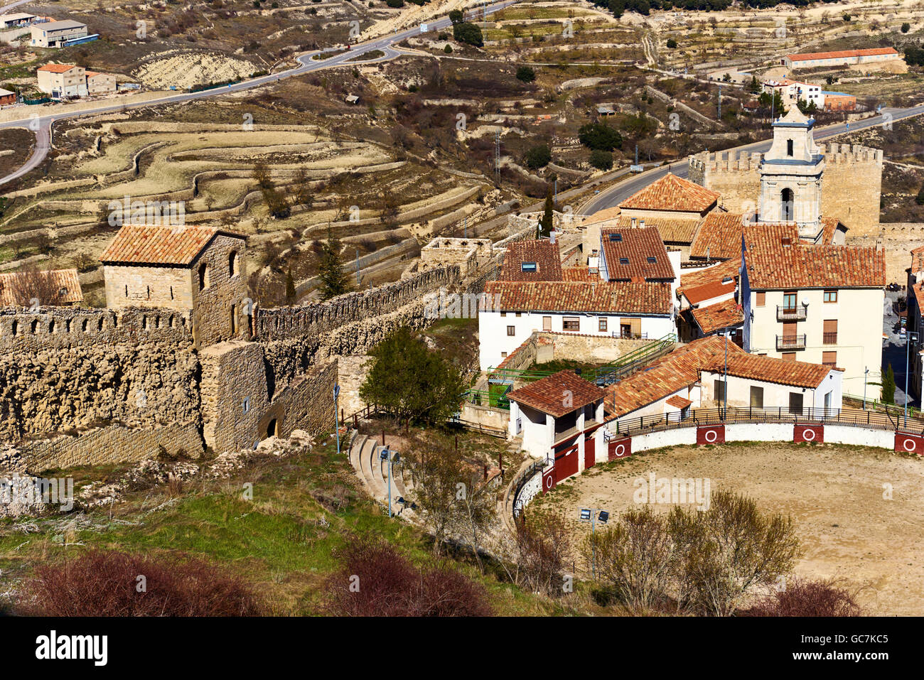 Bullring in Morella and surrounding countryside Stock Photo