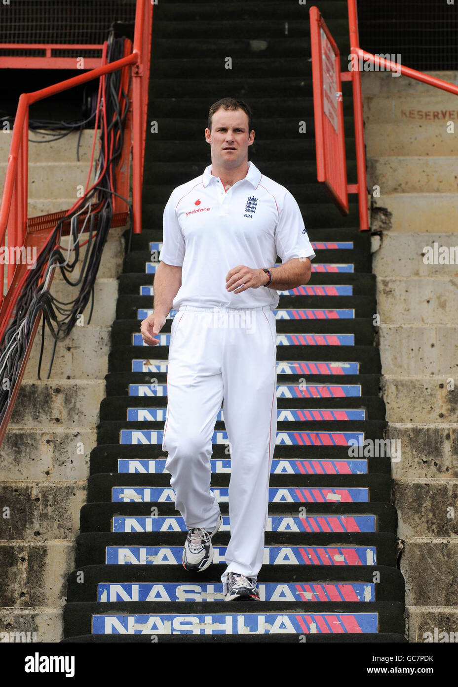 England captain Andrew Strauss arrives for a team photo before a net ...