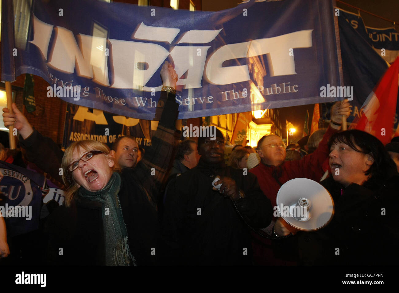 Hundreds of Public sector workers protest about wage cuts on Dublins Molesworth Street tonight. Around 600 people protested outside the Dail as TDs inside the Chamber prepared to slash their wages by up to 15%. Stock Photo