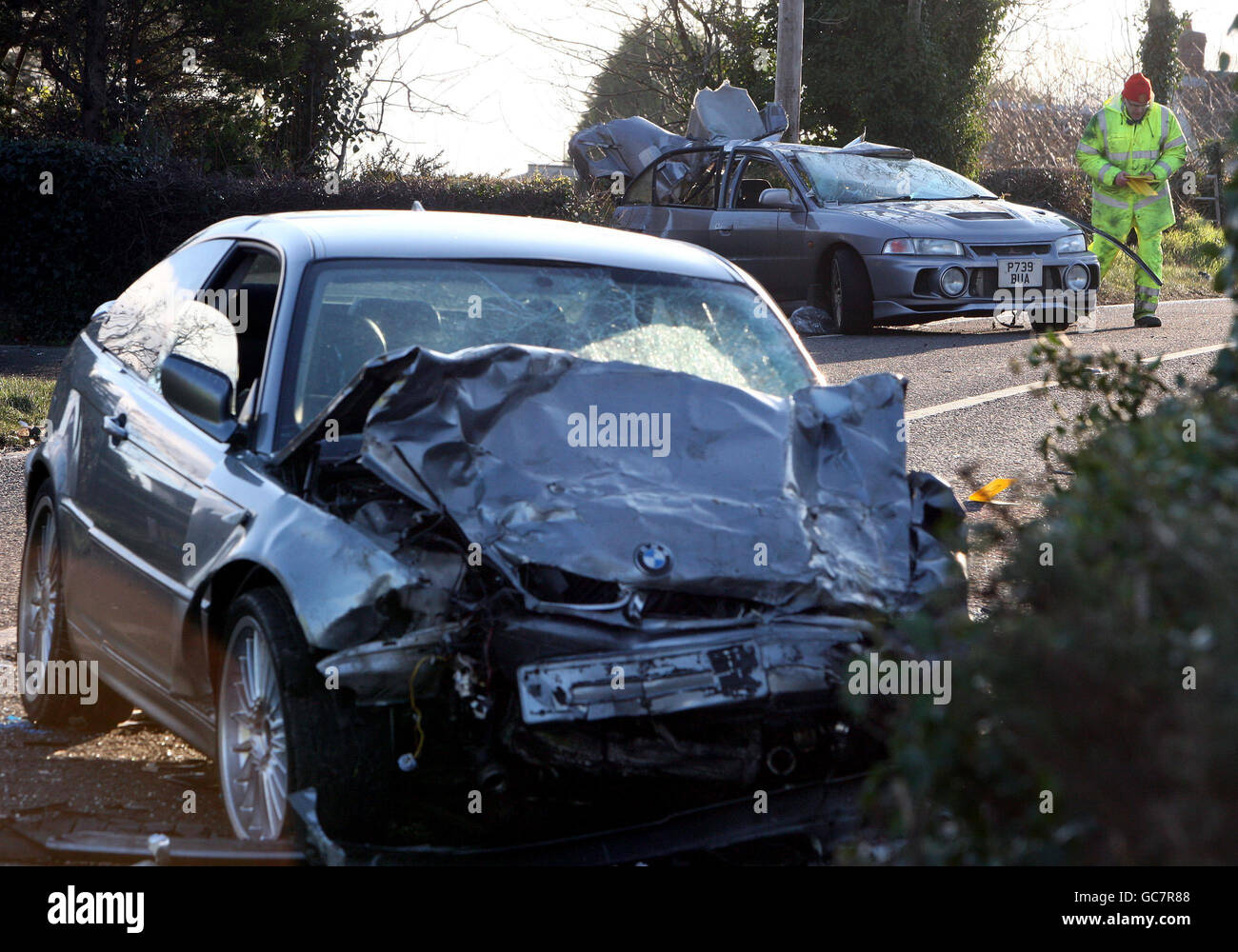 The scene on the Killinchy Road outside Comber, Co Down, after three people died in a road accident involving two cars. Stock Photo