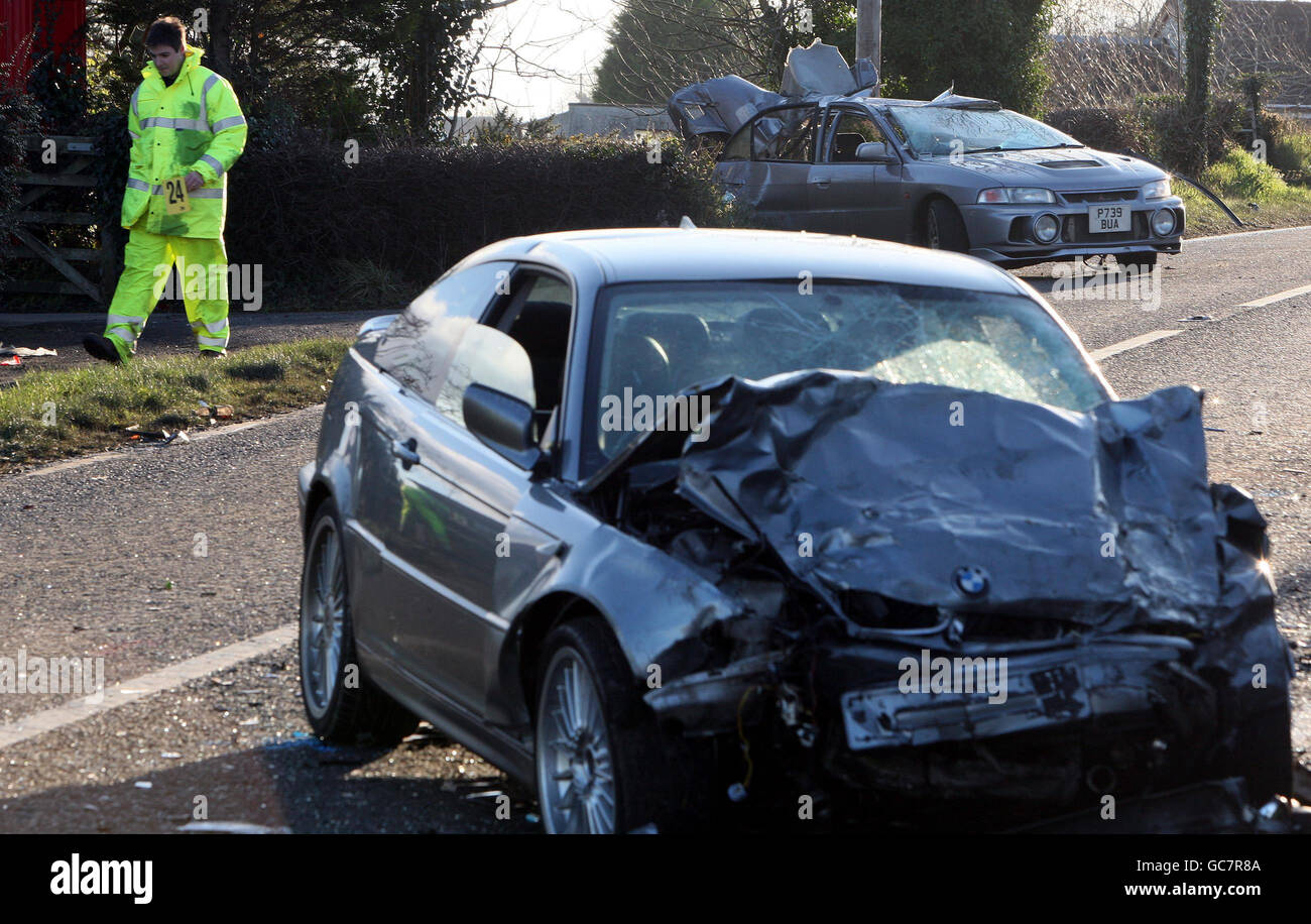 The scene on the Killinchy Road outside Comber, Co Down, after three people died in a road accident involving two cars. Stock Photo