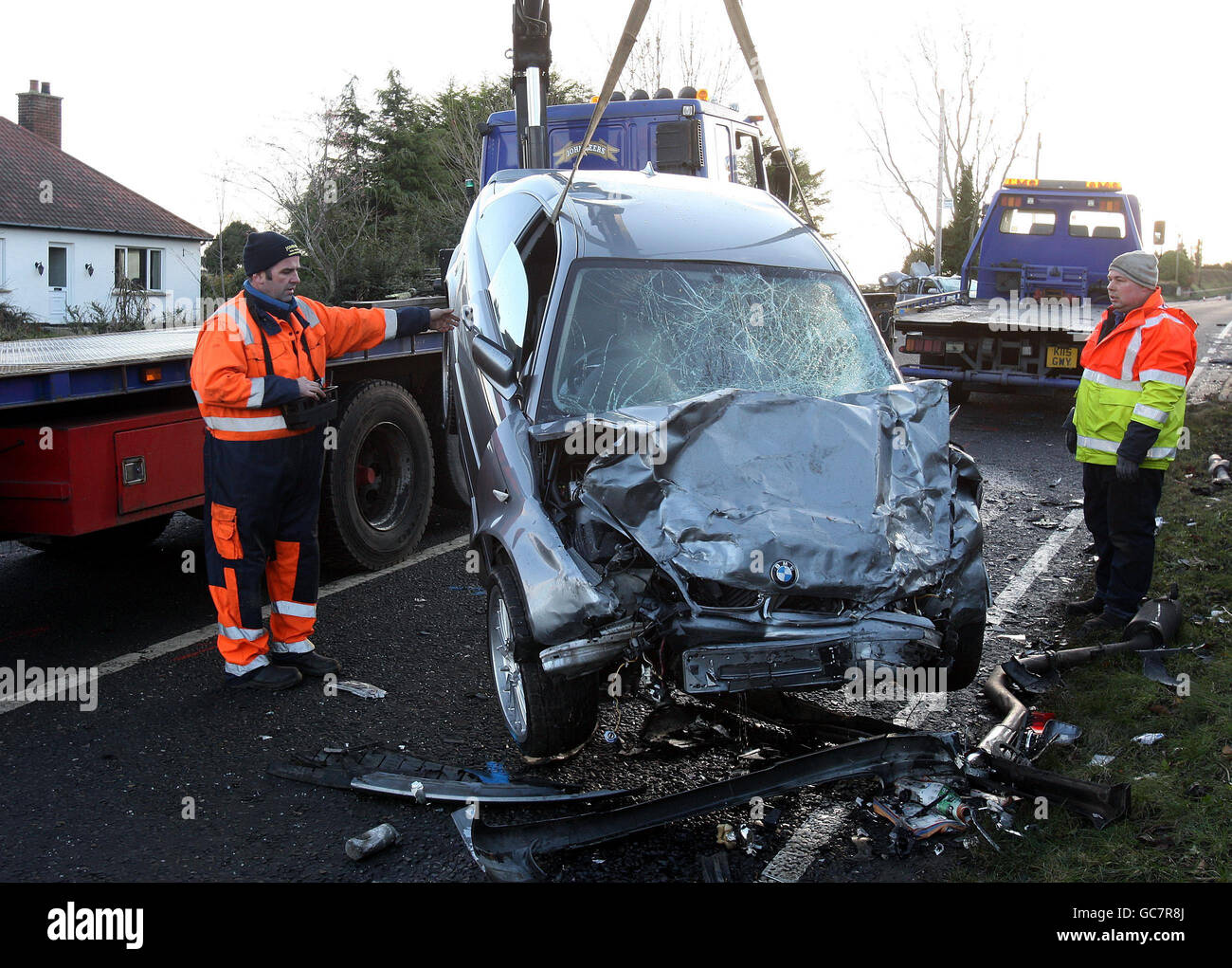 The scene on the Killinchy Road outside Comber, Co Down, after three people died in a road accident involving two cars. Stock Photo