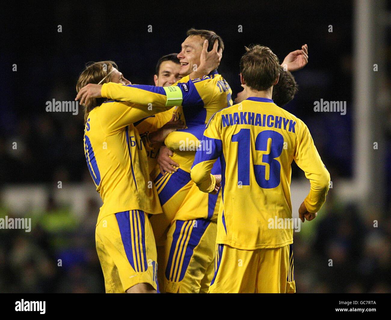 Soccer - UEFA Europa League - Group I - Everton v FC BATE Borisov - Goodison Park. BATE's Alexander Yurevich (Centre) celebrates scoring their first goal with teammates Stock Photo