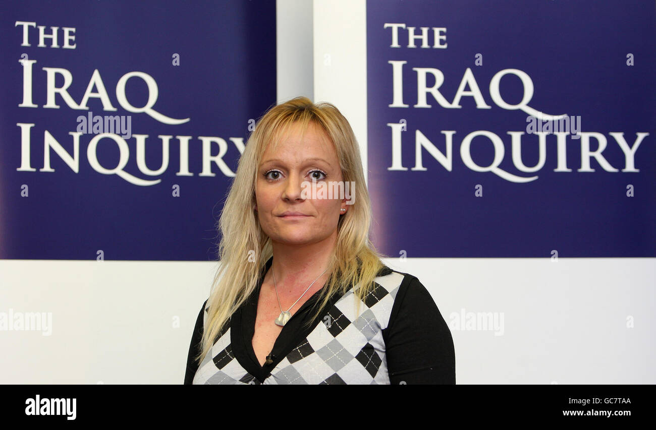 Olivia Taylor, 34, from Ashford, Kent, following a meeting between the Chair of the Iraq Inquiry, Sir John Chilcot, and bereaved families of British service personnel killed in the Iraq war, at the Queen Elizabeth II Conference Centre, Westminster, London. Stock Photo