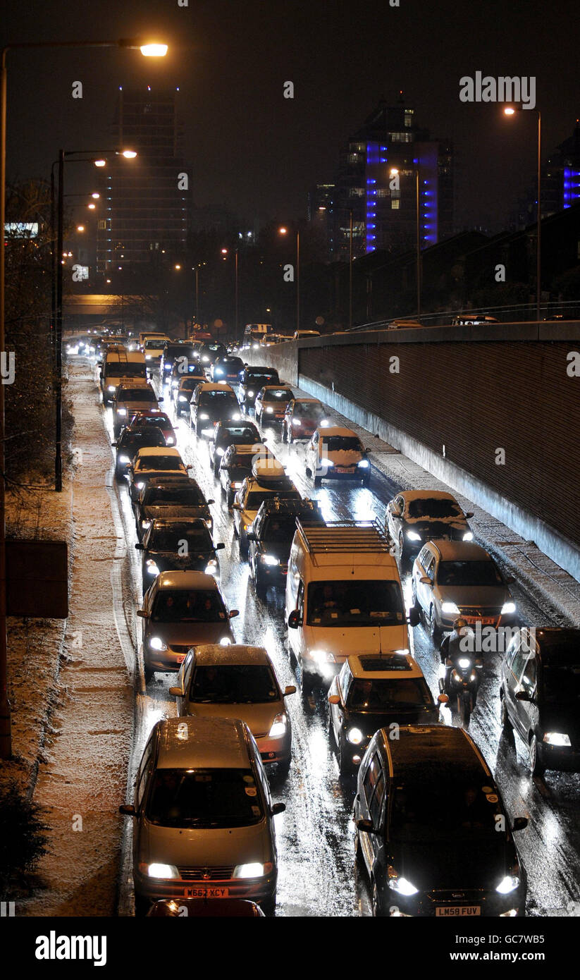 Snow causes rush hour traffic problems in Wandsworth, London Stock