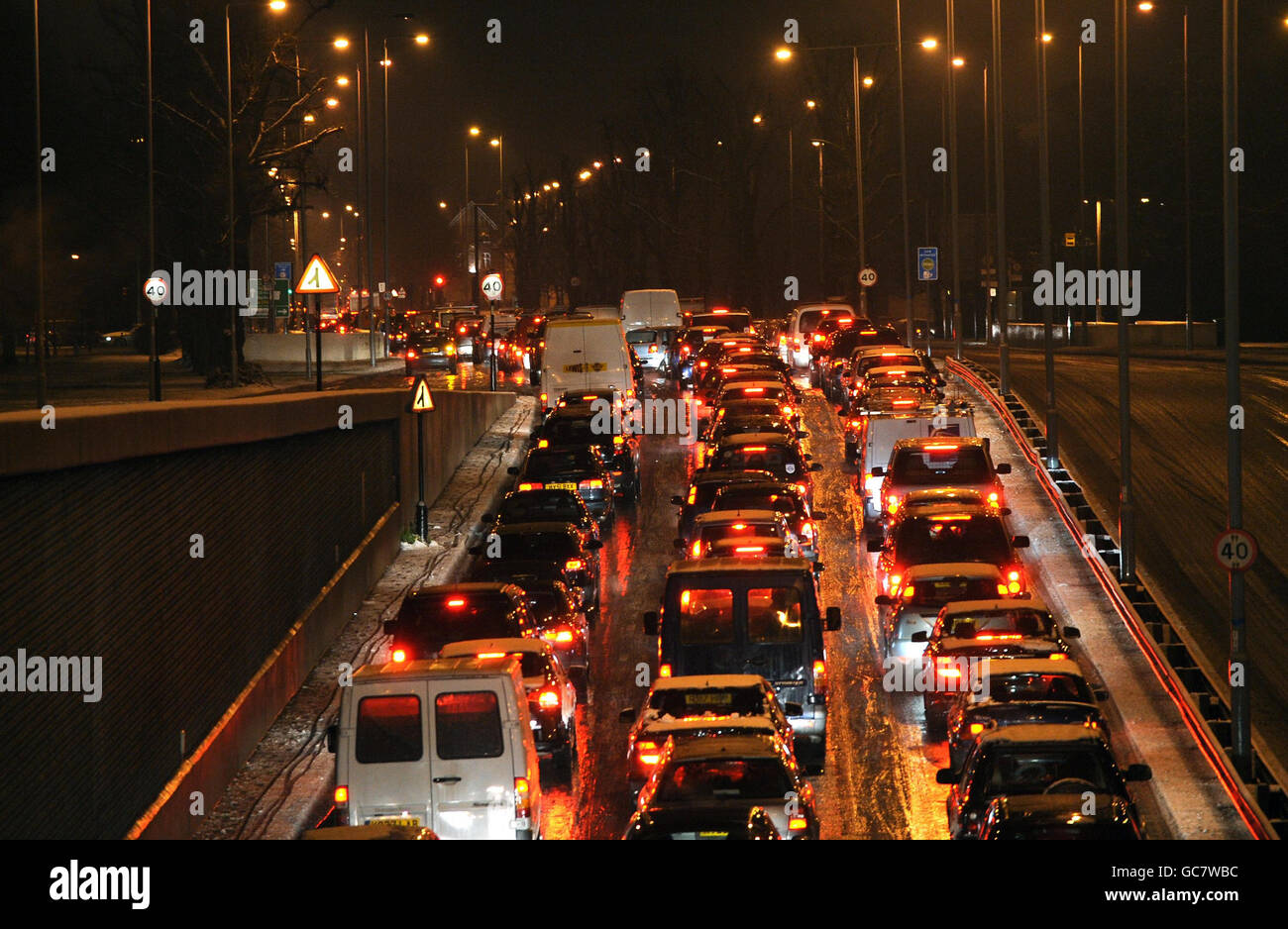 Snow causes rush hour traffic problems in Wandsworth, London Stock