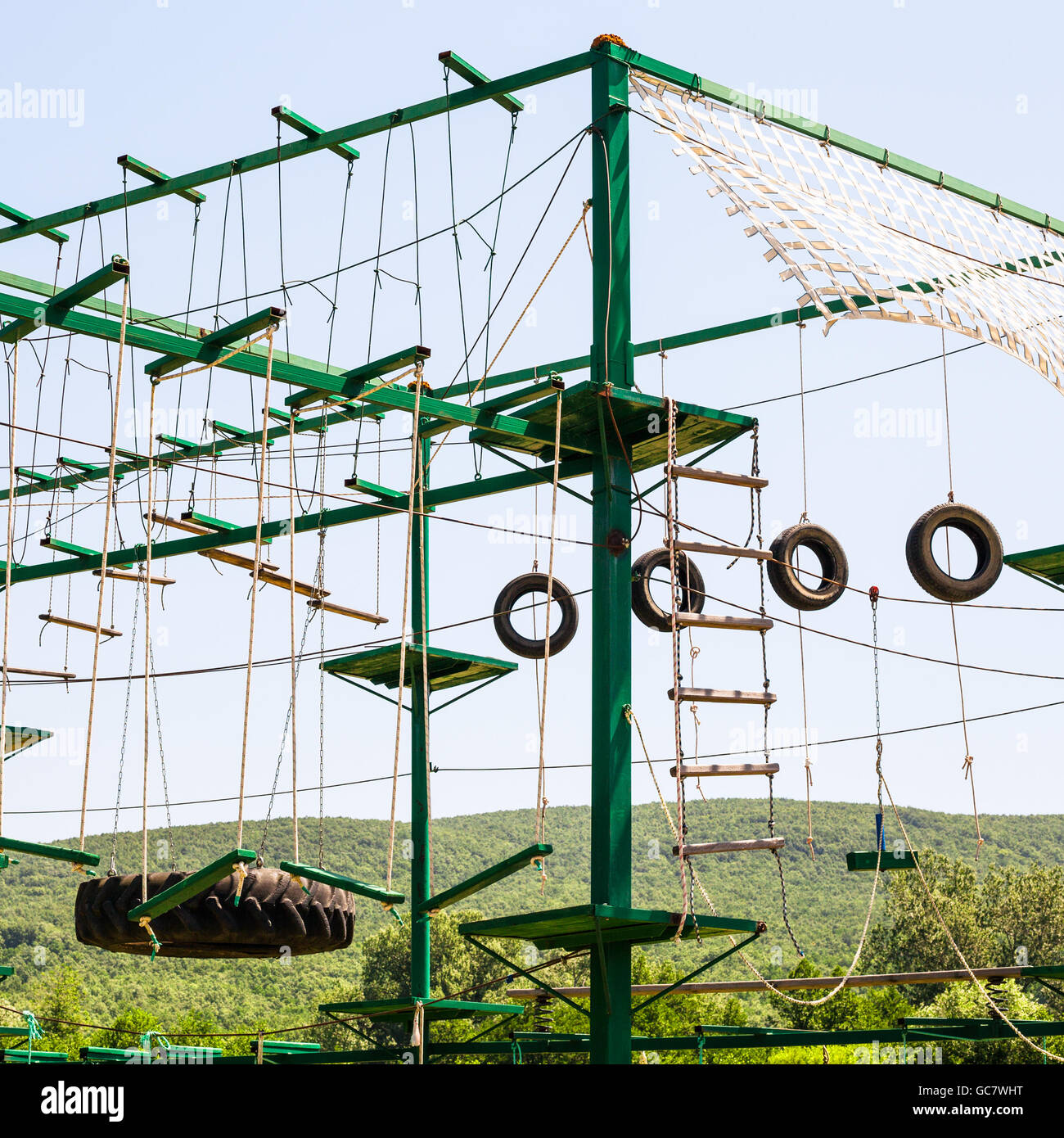 rope-ladders in outdoor obstacle course in sunny summer day Stock Photo