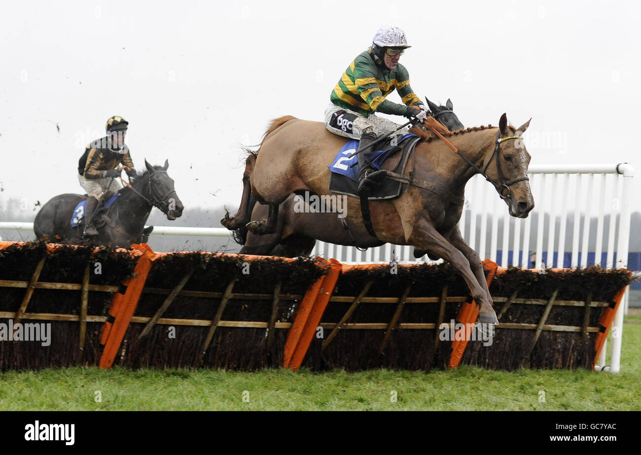 Quantitativeeasing ridden by Tony McCoy (centre) jump the last to win The Lawrence Equine Support Heros Introductory Hurdle during the HEROS Charity Challow Hurdle Day at Newbury Racecourse, Berkshire. Stock Photo