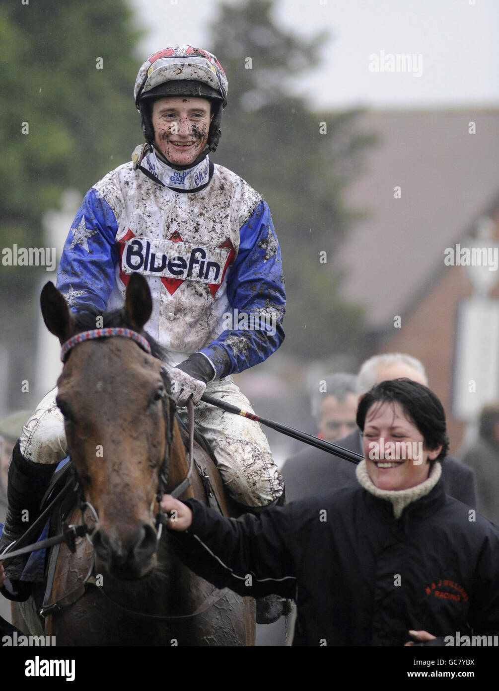 Reve De Sivola and jockey Daryl Jacob return after victory in the Racing UK Free Today On Sky 432 Challow Novices' Hurdle during the HEROS Charity Challow Hurdle Day at Newbury Racecourse, Berkshire. Stock Photo