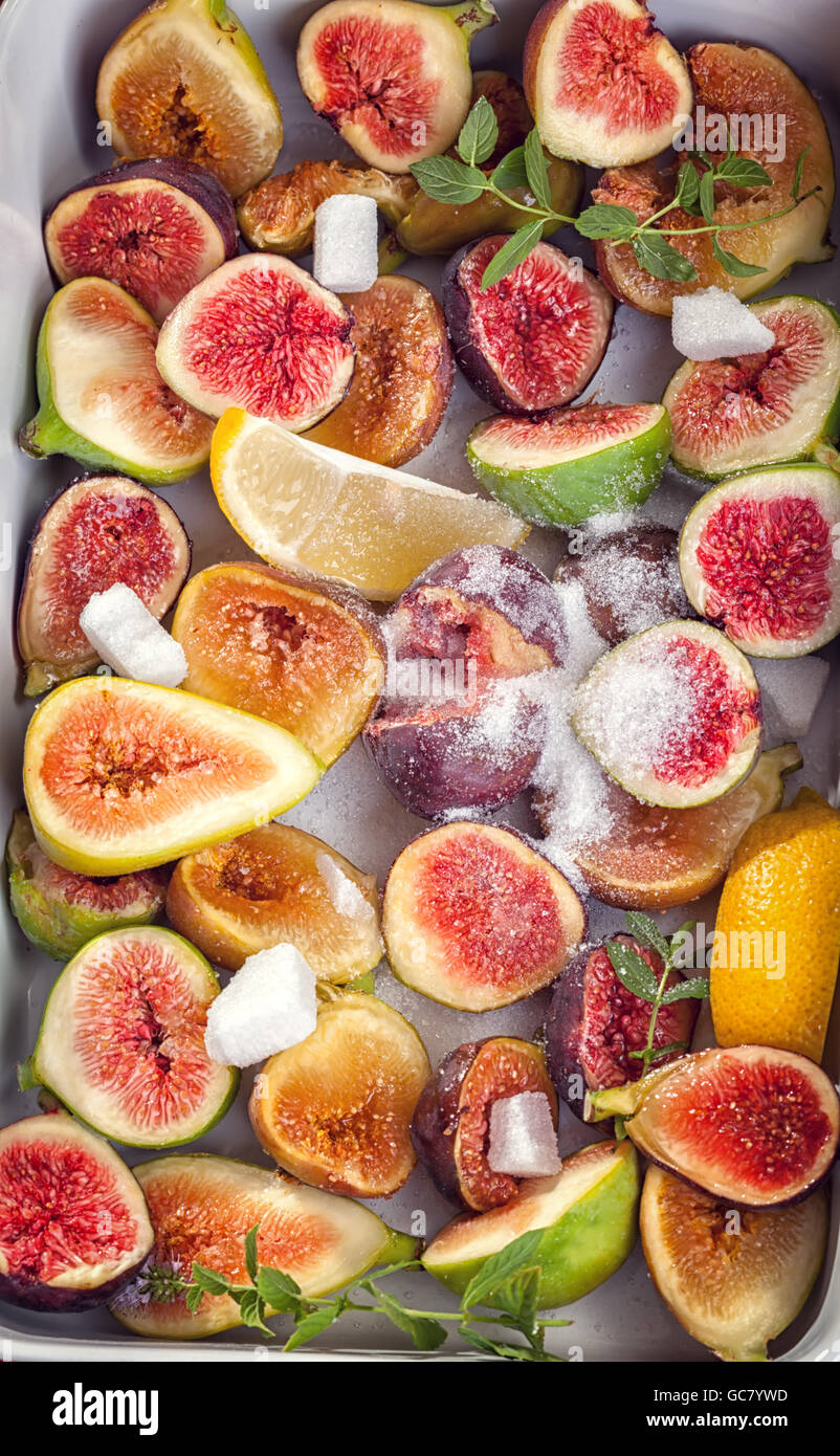 Fresh figs with sugar preparing Fig jam Stock Photo Alamy
