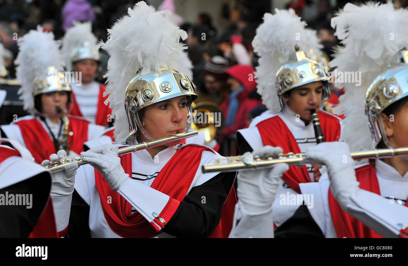 Members of a American marching band, play during London's annual New ...