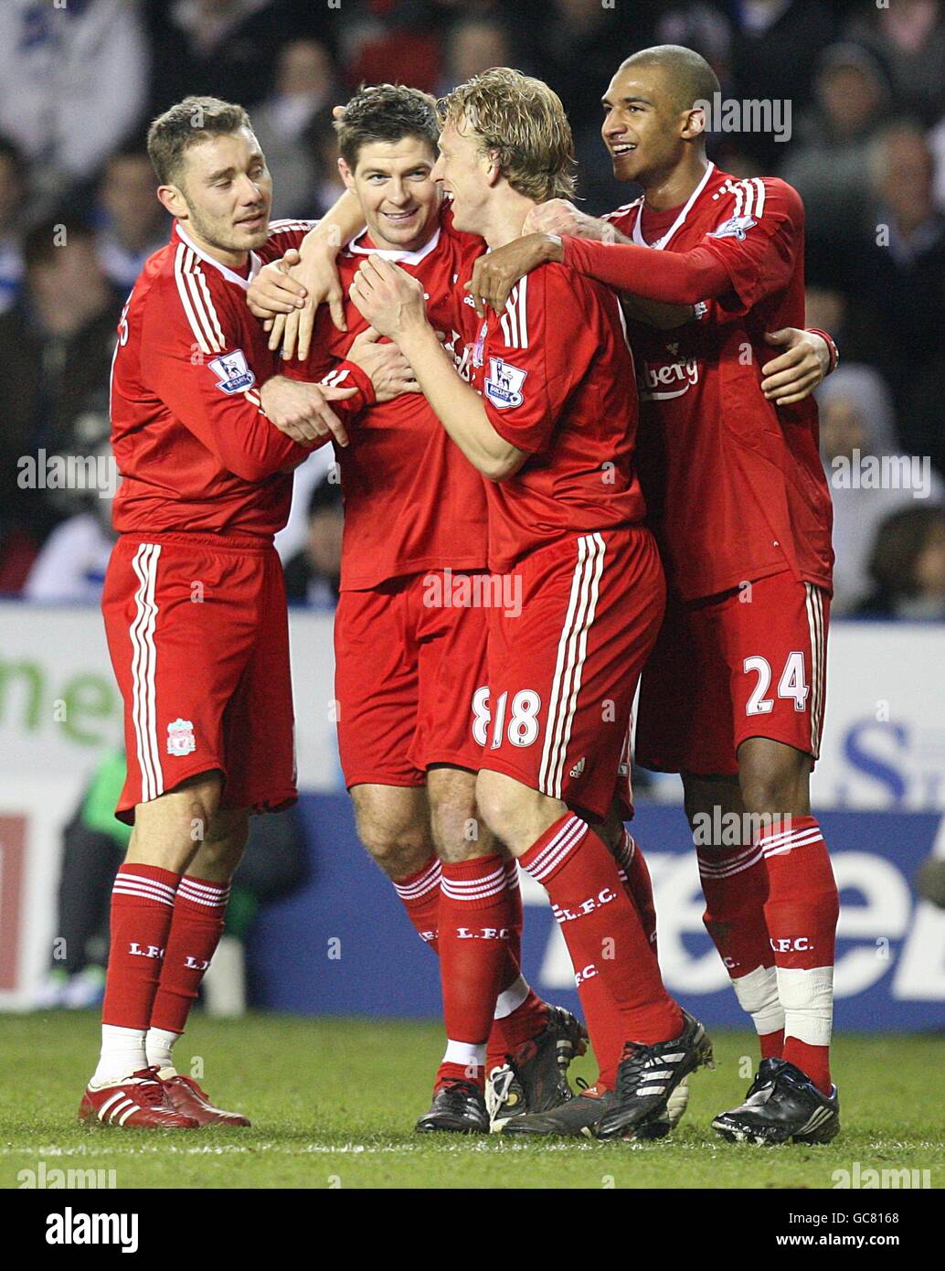 Liverpool's Steven Gerrard (centre left) celebrates scoring their first goal with his team mates. Stock Photo