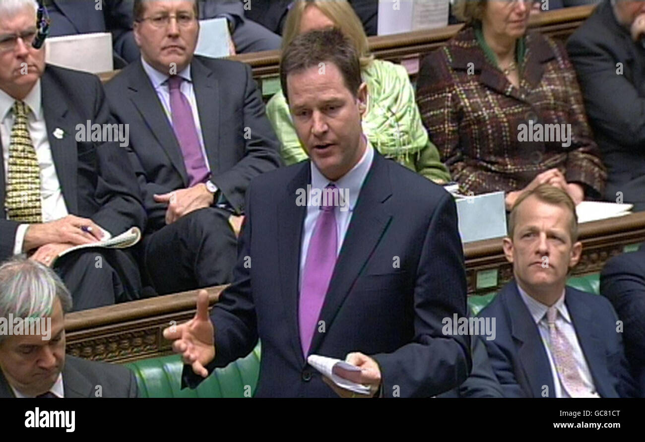 Liberal Democrat party leader Nick Clegg speaks during Prime Minister's Questions in the House of Commons, London. Stock Photo