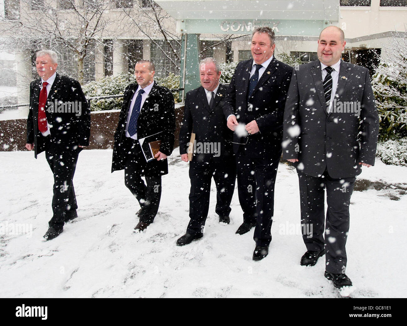 Frankie Gallagher (second right), spokesperson for the Ulster Political Research Group (UPRG) with colleagues (left to right) Colin Haliday, John Howcroft, William McQuinston and David Malcolm after speaking at a press conference in Belfast. Stock Photo