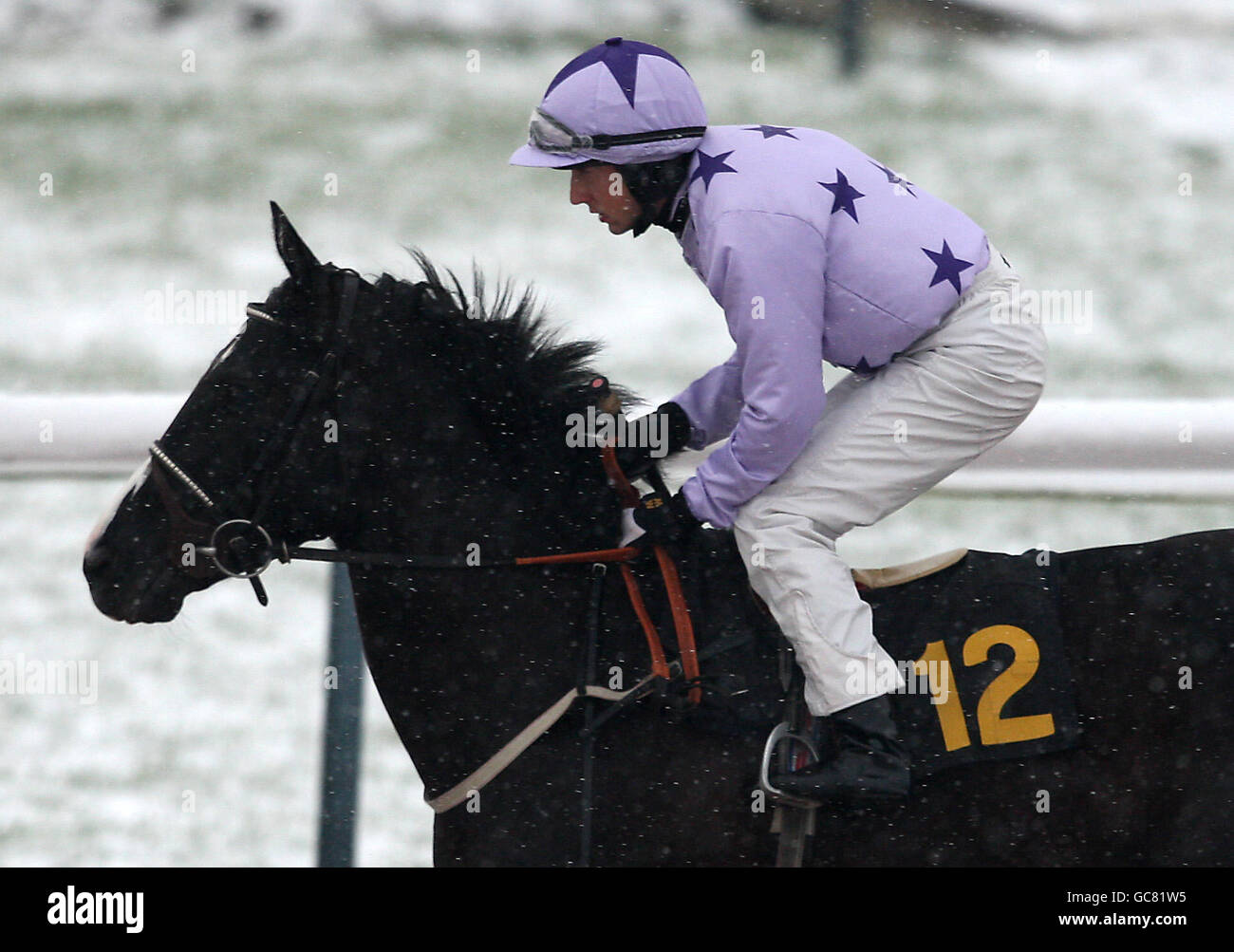 Jockey Chris Catlin on Veronicas Boy goes to post in the Play Golf At Southwell Golf Club Handicap Stock Photo