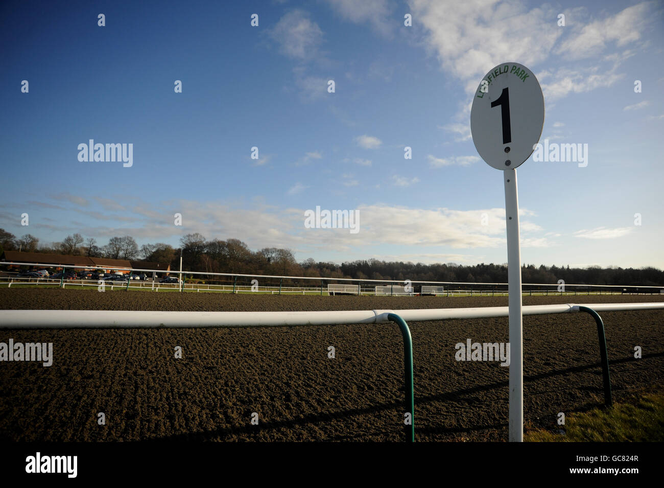 Horse Racing - Lingfield Racecourse. General view of the one furlong marker on the all weather track at Lingfield Stock Photo