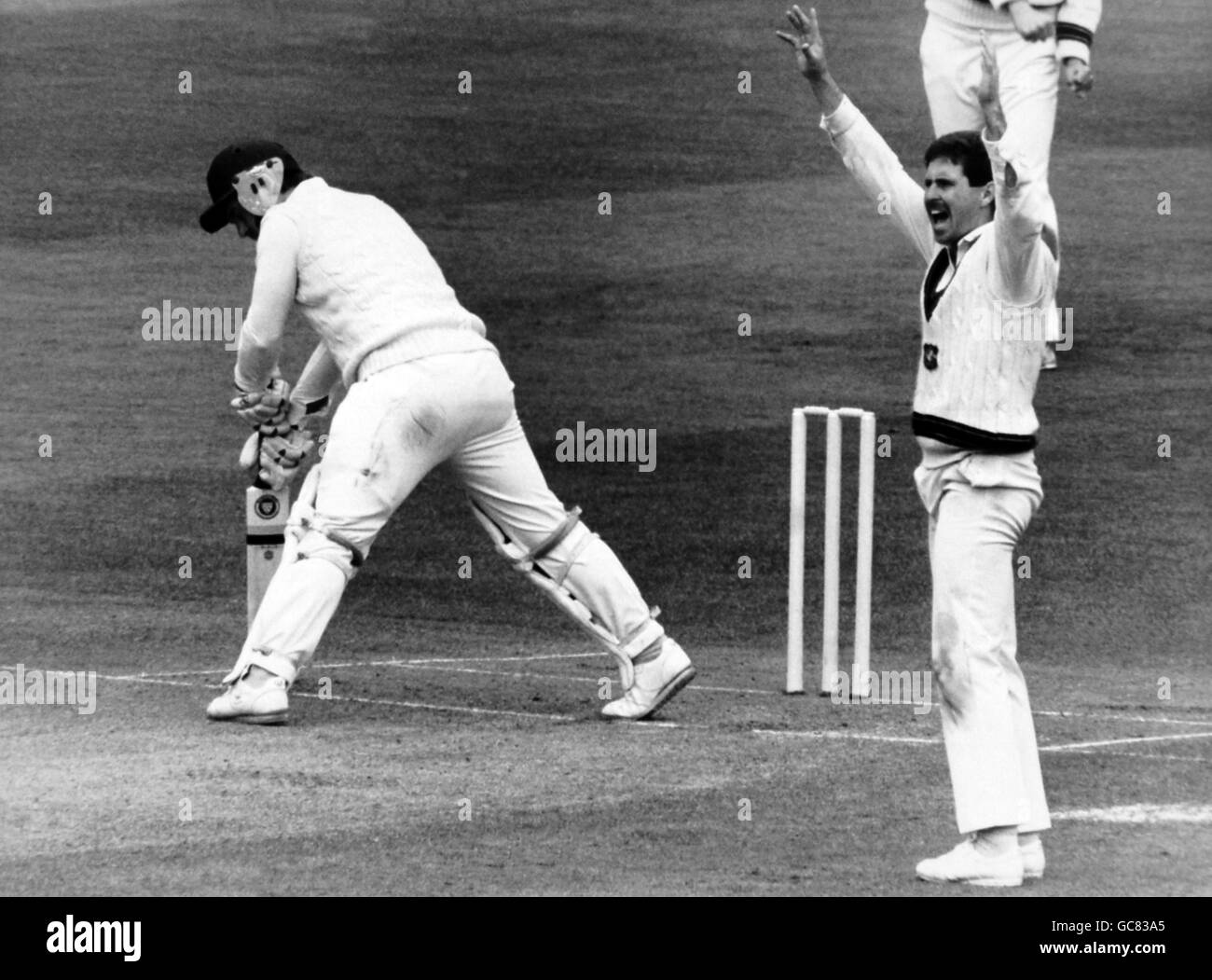 Cricket - England v Australia Australia in British Isles 1985 (2nd Test) Venue Lord's Cricket Ground, St John's Wood. England's Mike Gatting is out lbw to Geoff Lawson Stock Photo
