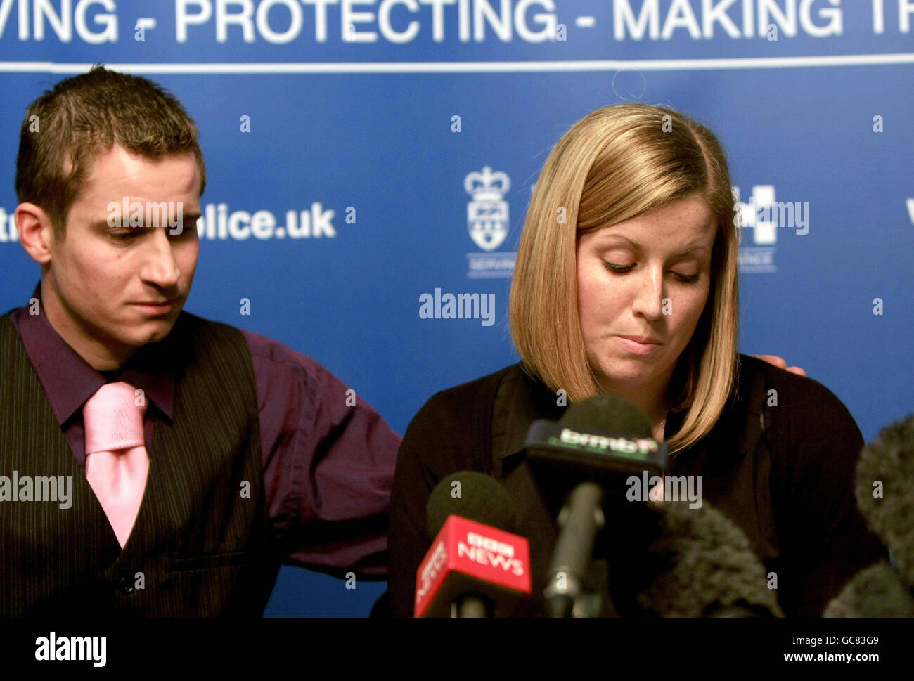 Lisa Bundy, girlfriend of Craig Hodson-Walker, with her brother Paul, speaks at a press conference after Christopher Morrissey, Declan Morrissey and Anselm Ribera were found guilty of his murder. Stock Photo