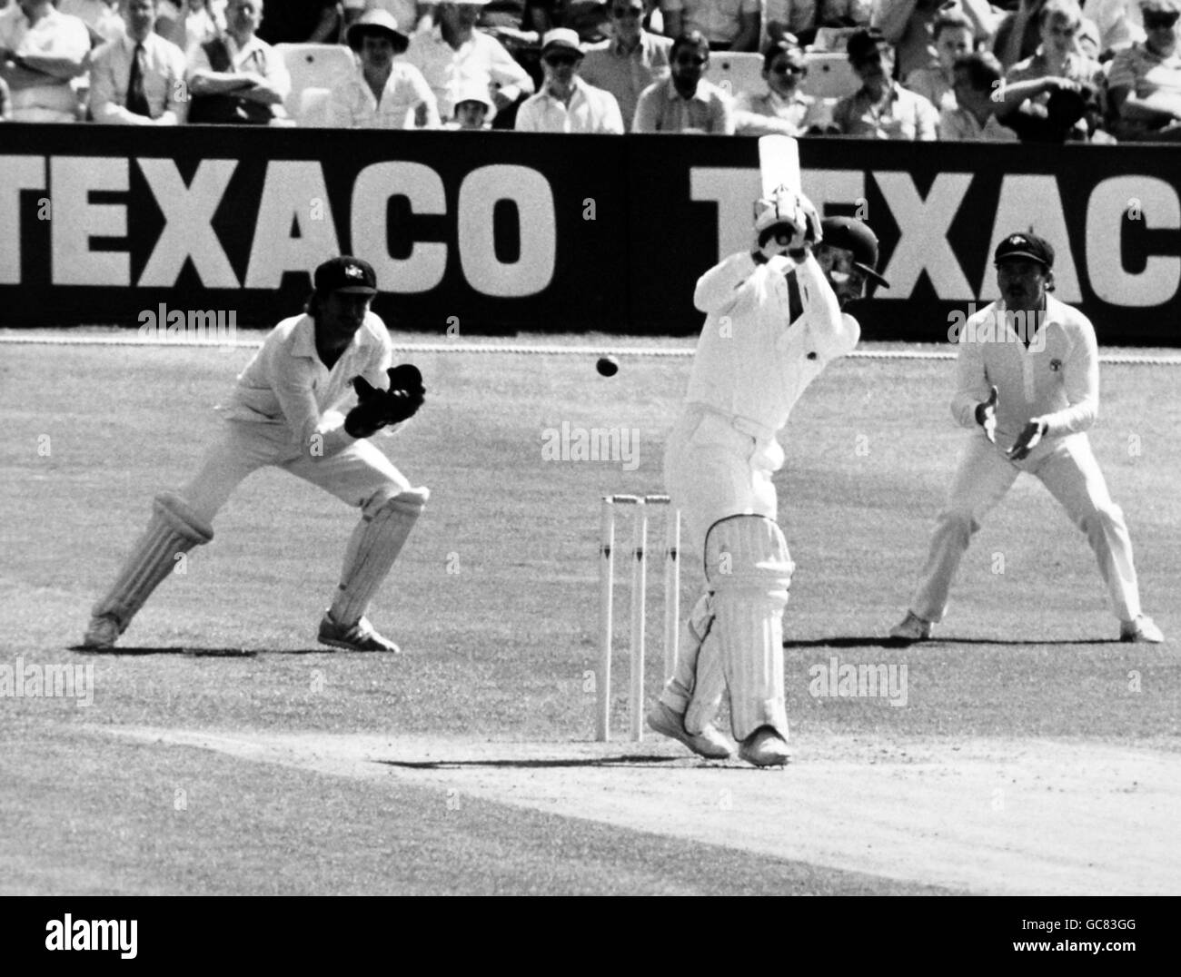Graeme Fowler, batting for England, swings at Craig McDermott's thin delivery and is out, caught behind by wicketkeeper Wayne Phillips during first of the Texaco trophy one-day international at Old Trafford Stock Photo