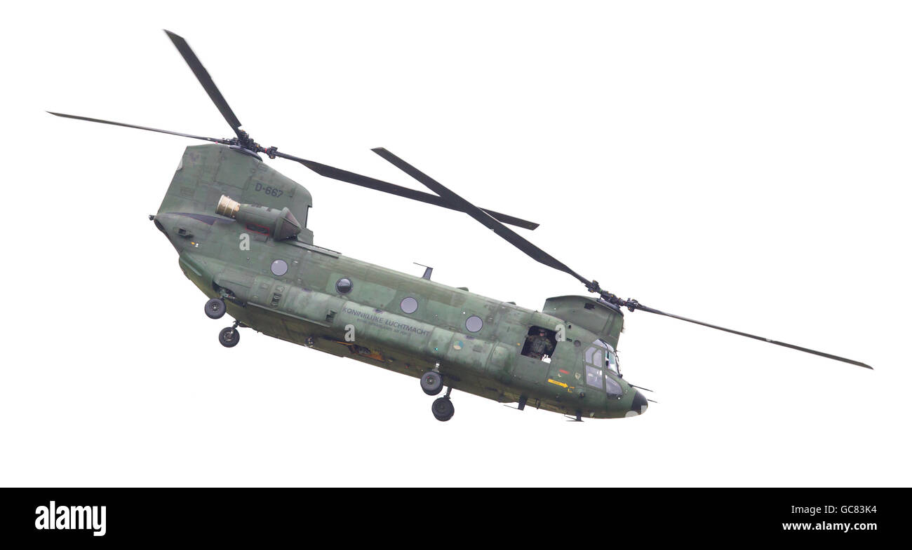LEEUWARDEN, NETHERLANDS - JUNI 11 2016: Chinook CH-47 military helicopter in action during a demonstration flight on juni 11 , 2 Stock Photo
