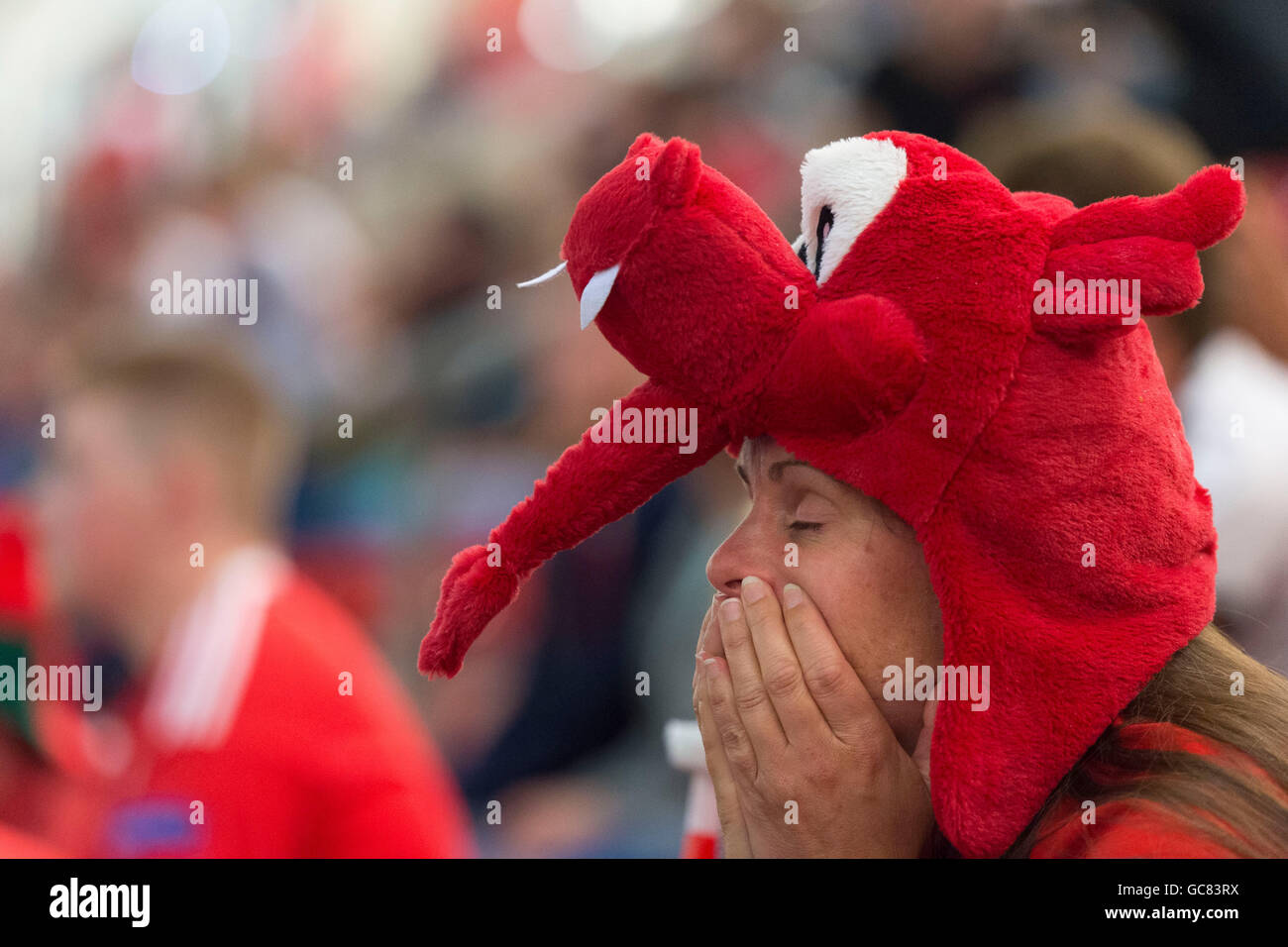 Dejected Wales football supporters watch Wales lose against Portugal in the Euro 2016 semi finals. Stock Photo